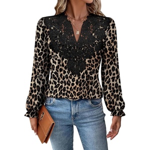 image:imageWIHOLL Womens Tops Lace Long Sleeve Tops for Women Boho V Neck Blouses02  Leopard