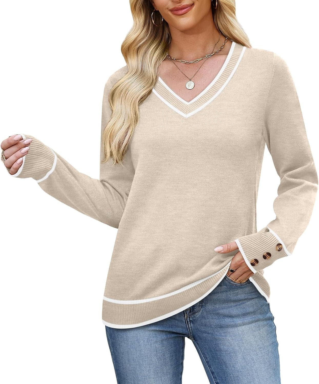 image:imageWIHOLL Lightweight Sweaters for Women Long Sleeve V Neck Knit Outfits with Decorative ButtonsColor Block Beige