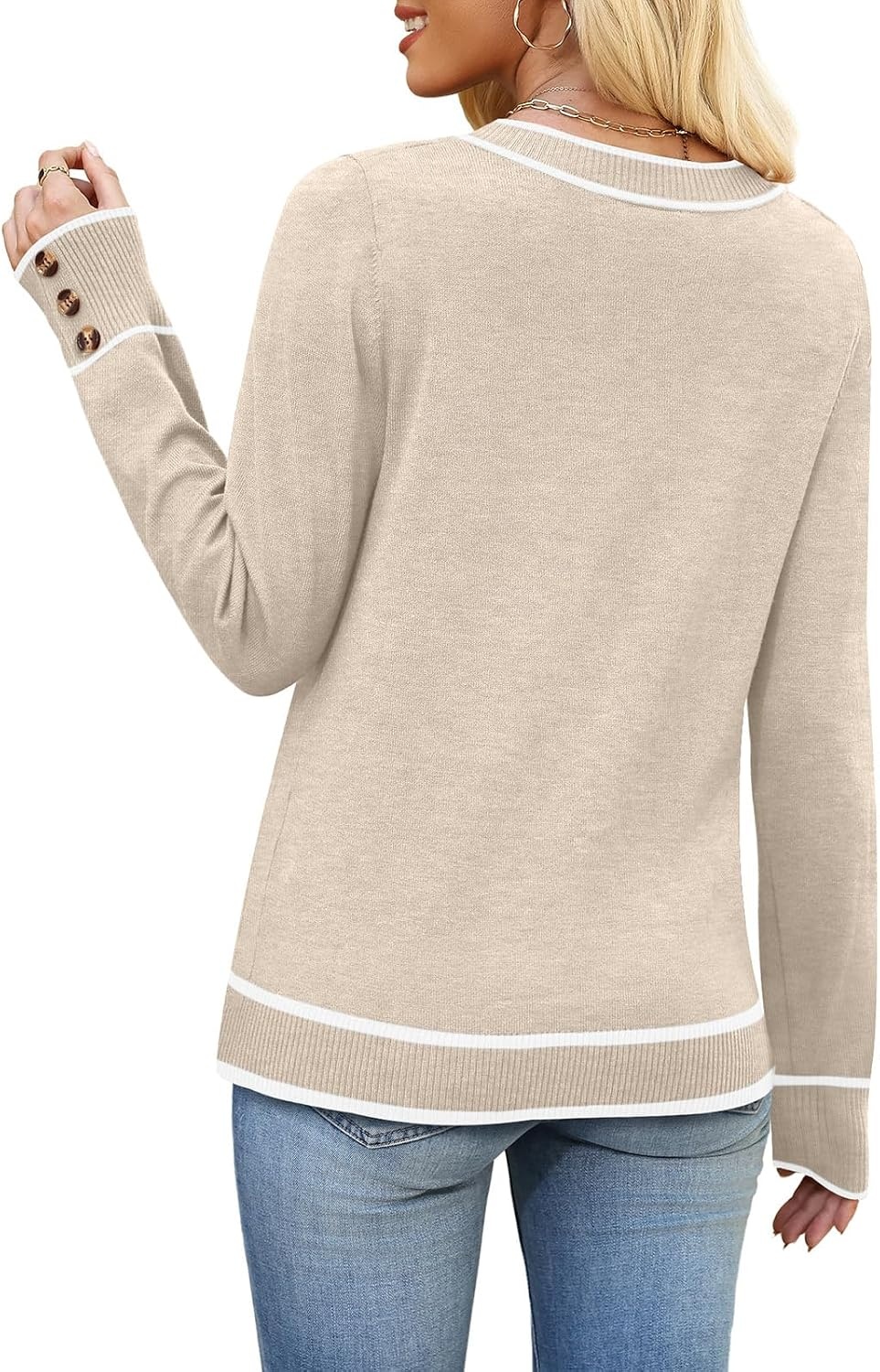 image:imageWIHOLL Lightweight Sweaters for Women Long Sleeve V Neck Knit Outfits with Decorative ButtonsColor Block Beige