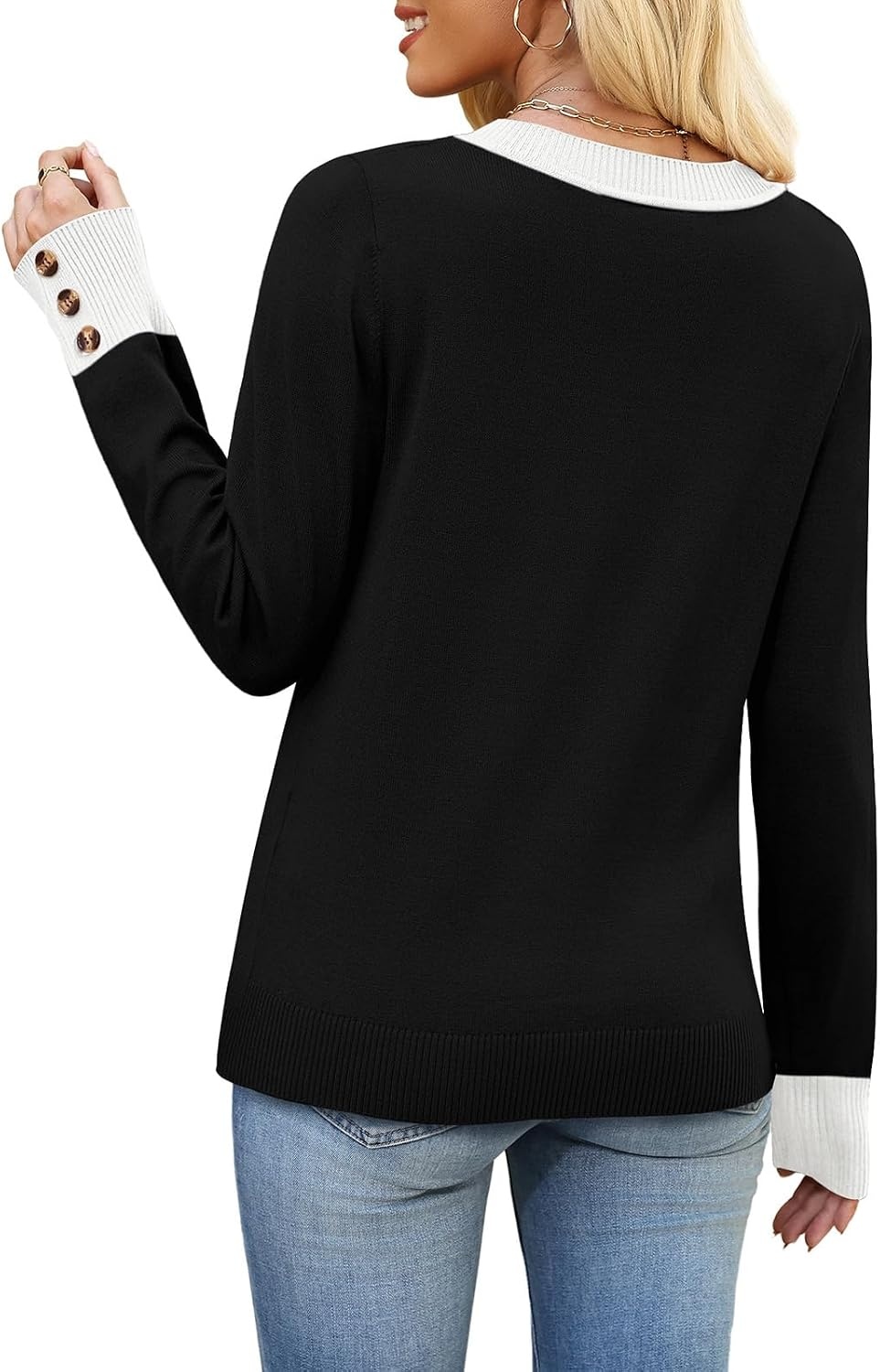 image:imageWIHOLL Lightweight Sweaters for Women Long Sleeve V Neck Knit Outfits with Decorative ButtonsColor Block Black 02