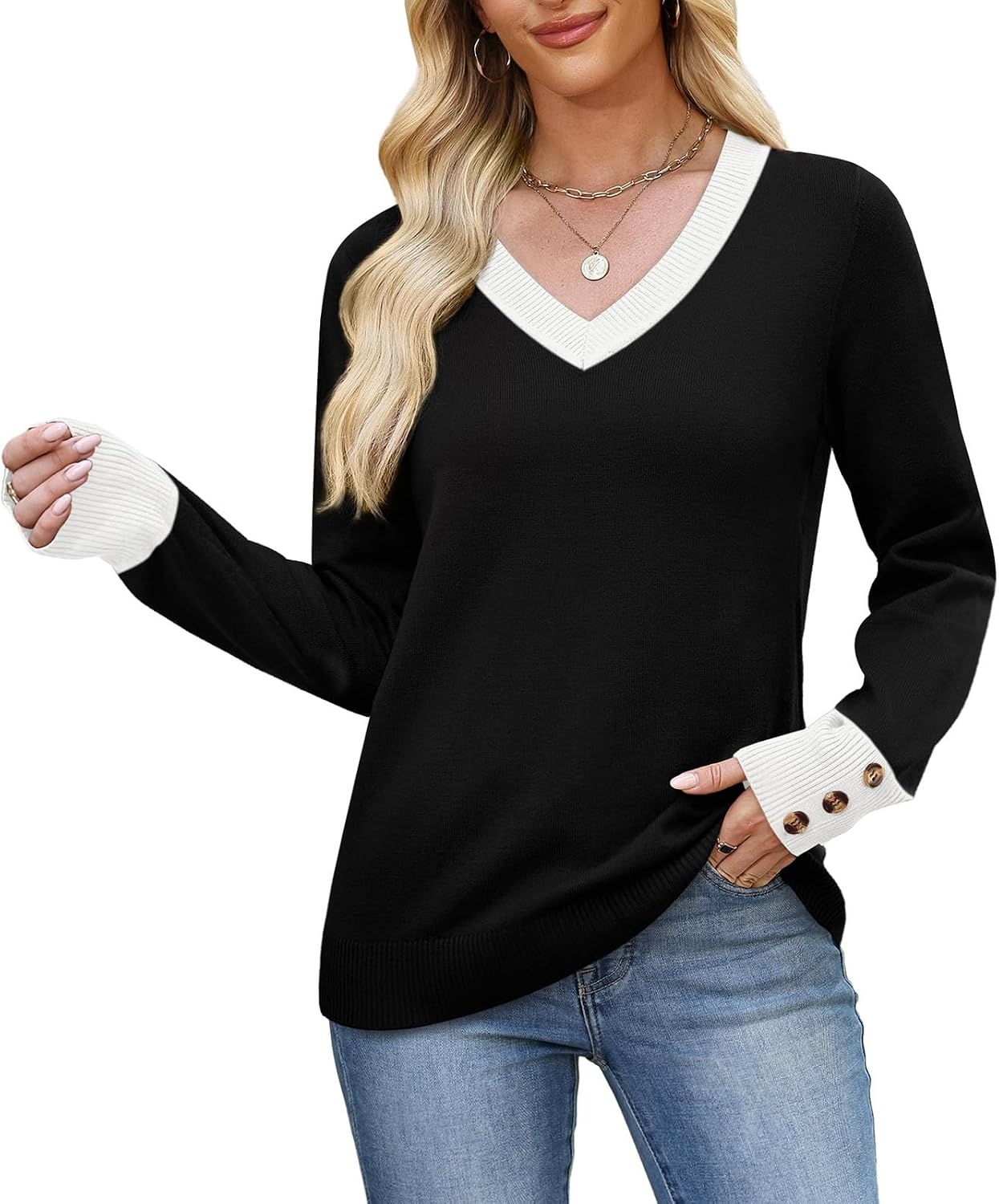 image:imageWIHOLL Lightweight Sweaters for Women Long Sleeve V Neck Knit Outfits with Decorative ButtonsColor Block Black 02