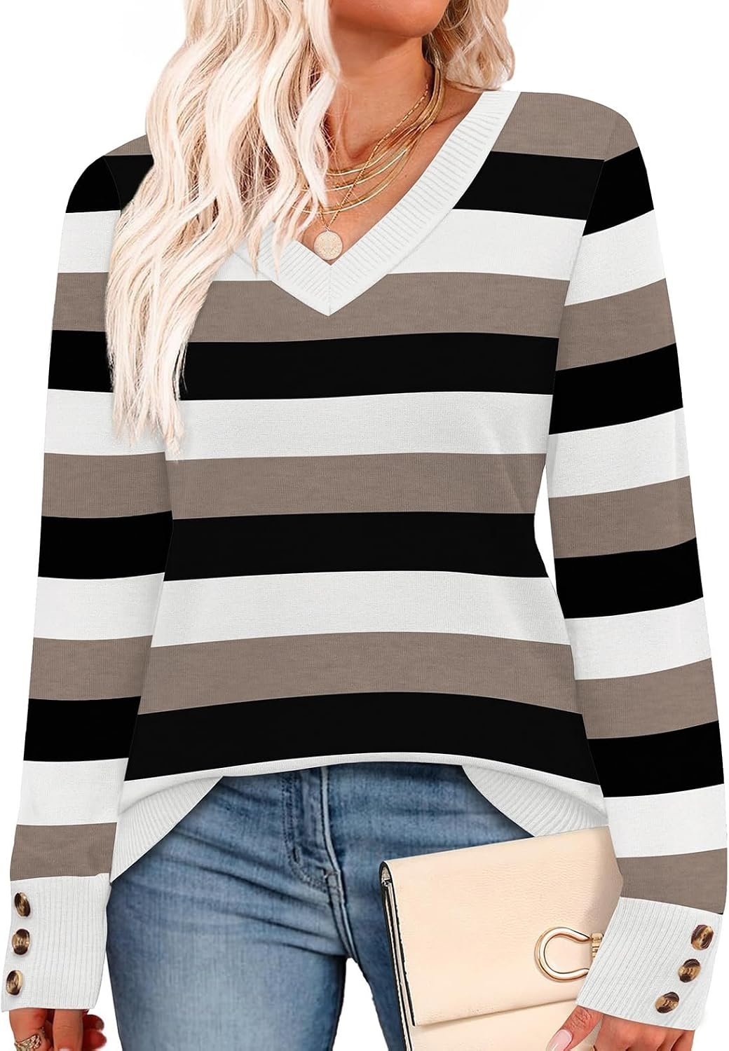 image:imageWIHOLL Lightweight Sweaters for Women Long Sleeve V Neck Knit Outfits with Decorative ButtonsColor Block Black 03