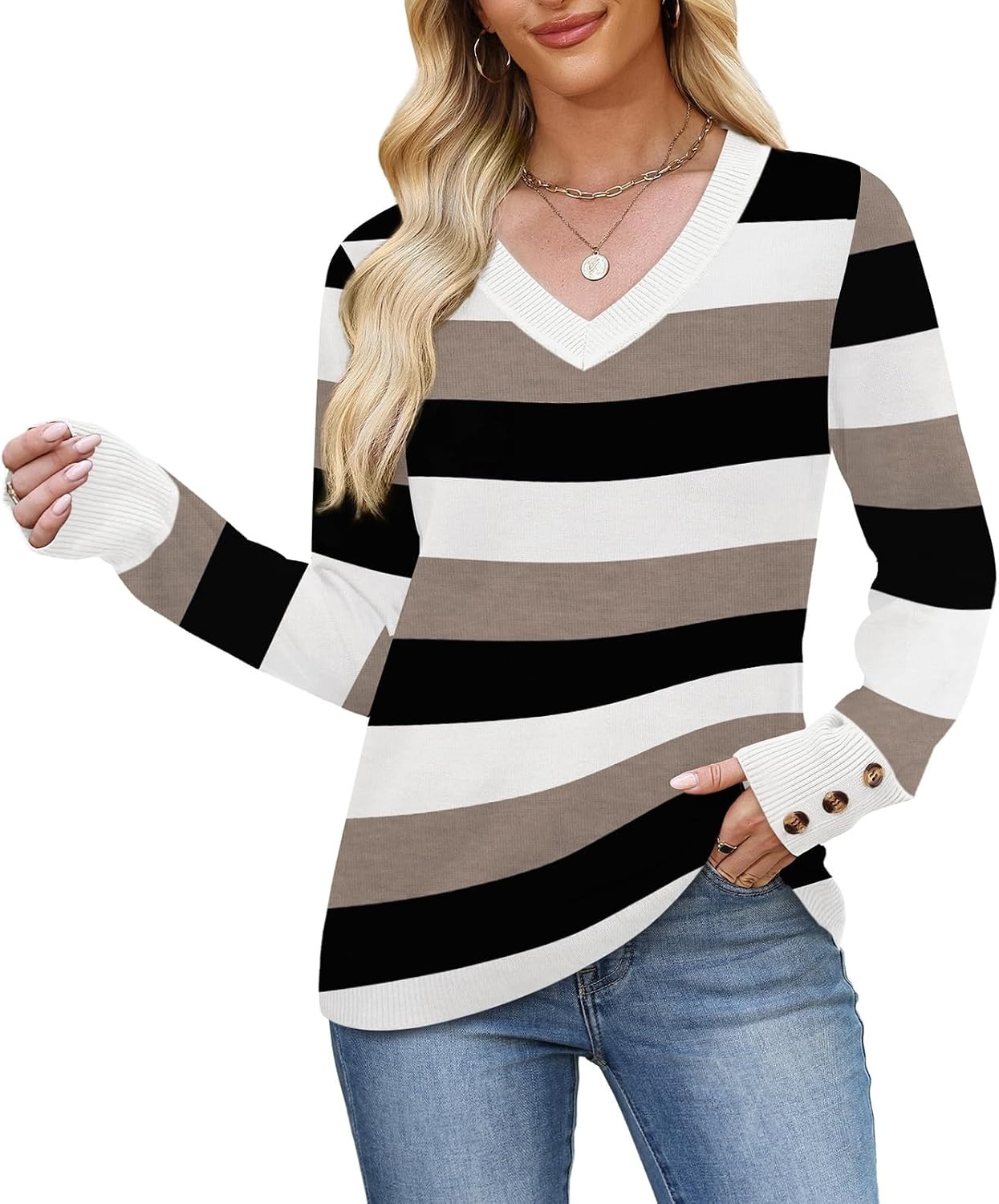 image:imageWIHOLL Lightweight Sweaters for Women Long Sleeve V Neck Knit Outfits with Decorative ButtonsColor Block Black 03