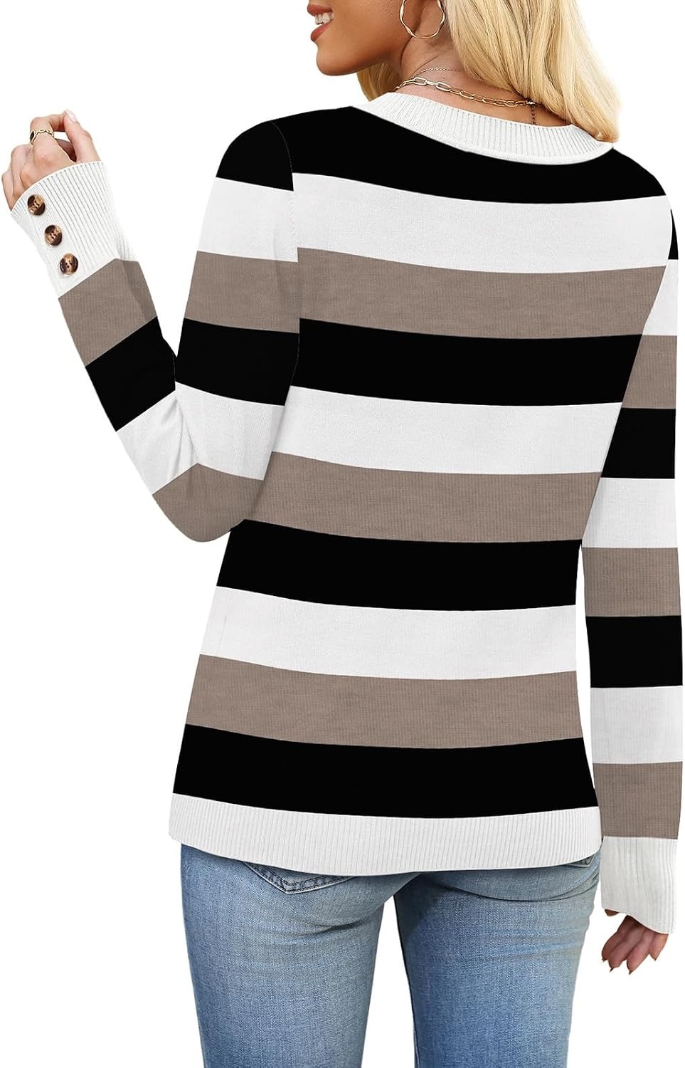 image:imageWIHOLL Lightweight Sweaters for Women Long Sleeve V Neck Knit Outfits with Decorative ButtonsColor Block Black 03