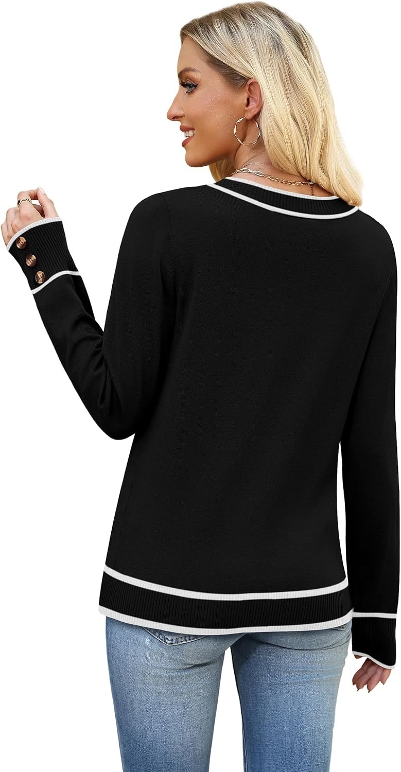 image:imageWIHOLL Lightweight Sweaters for Women Long Sleeve V Neck Knit Outfits with Decorative ButtonsColor Block Black