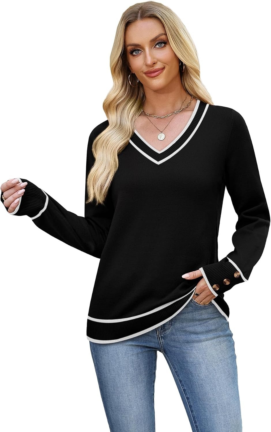 image:imageWIHOLL Lightweight Sweaters for Women Long Sleeve V Neck Knit Outfits with Decorative ButtonsColor Block Black