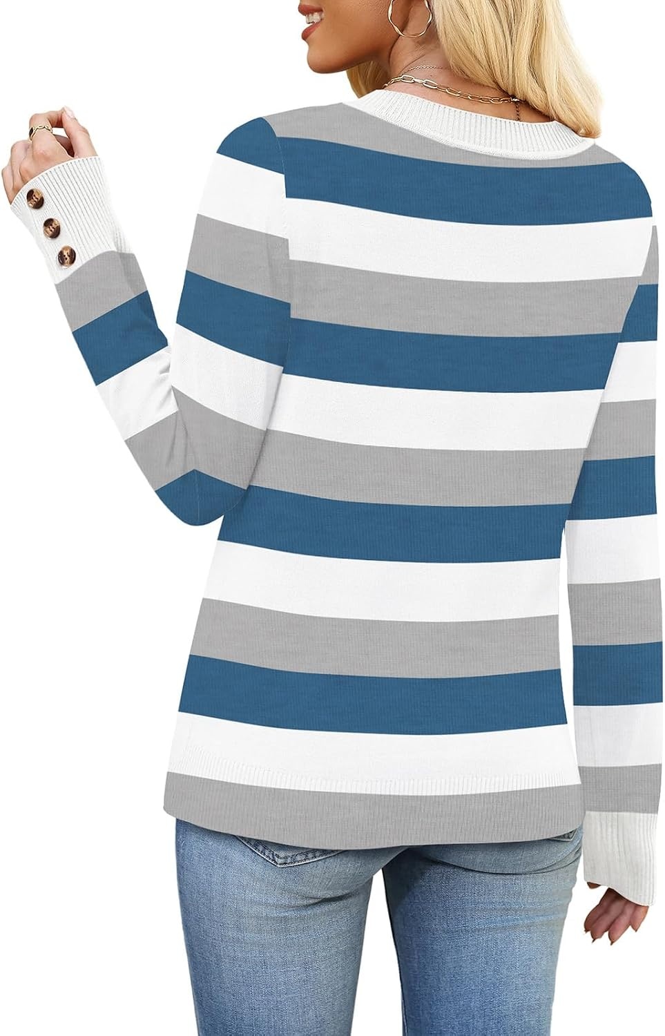 image:imageWIHOLL Lightweight Sweaters for Women Long Sleeve V Neck Knit Outfits with Decorative ButtonsColor Block Blue