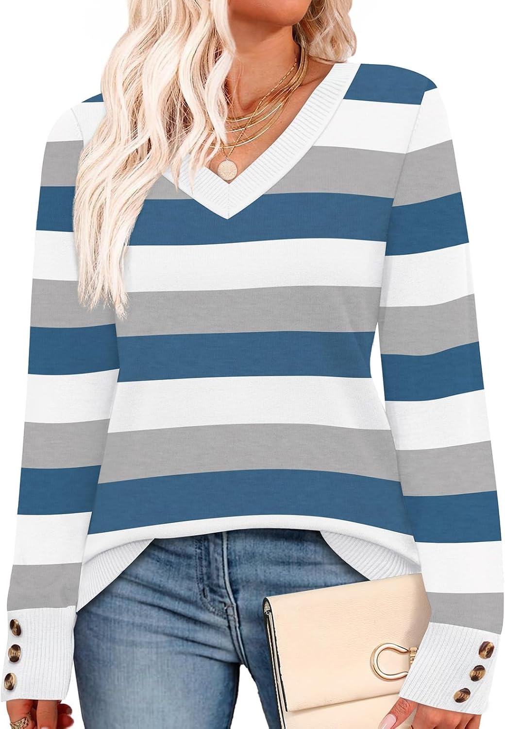 image:imageWIHOLL Lightweight Sweaters for Women Long Sleeve V Neck Knit Outfits with Decorative ButtonsColor Block Blue