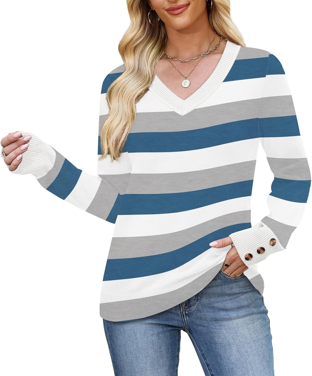 image:imageWIHOLL Lightweight Sweaters for Women Long Sleeve V Neck Knit Outfits with Decorative ButtonsColor Block Blue