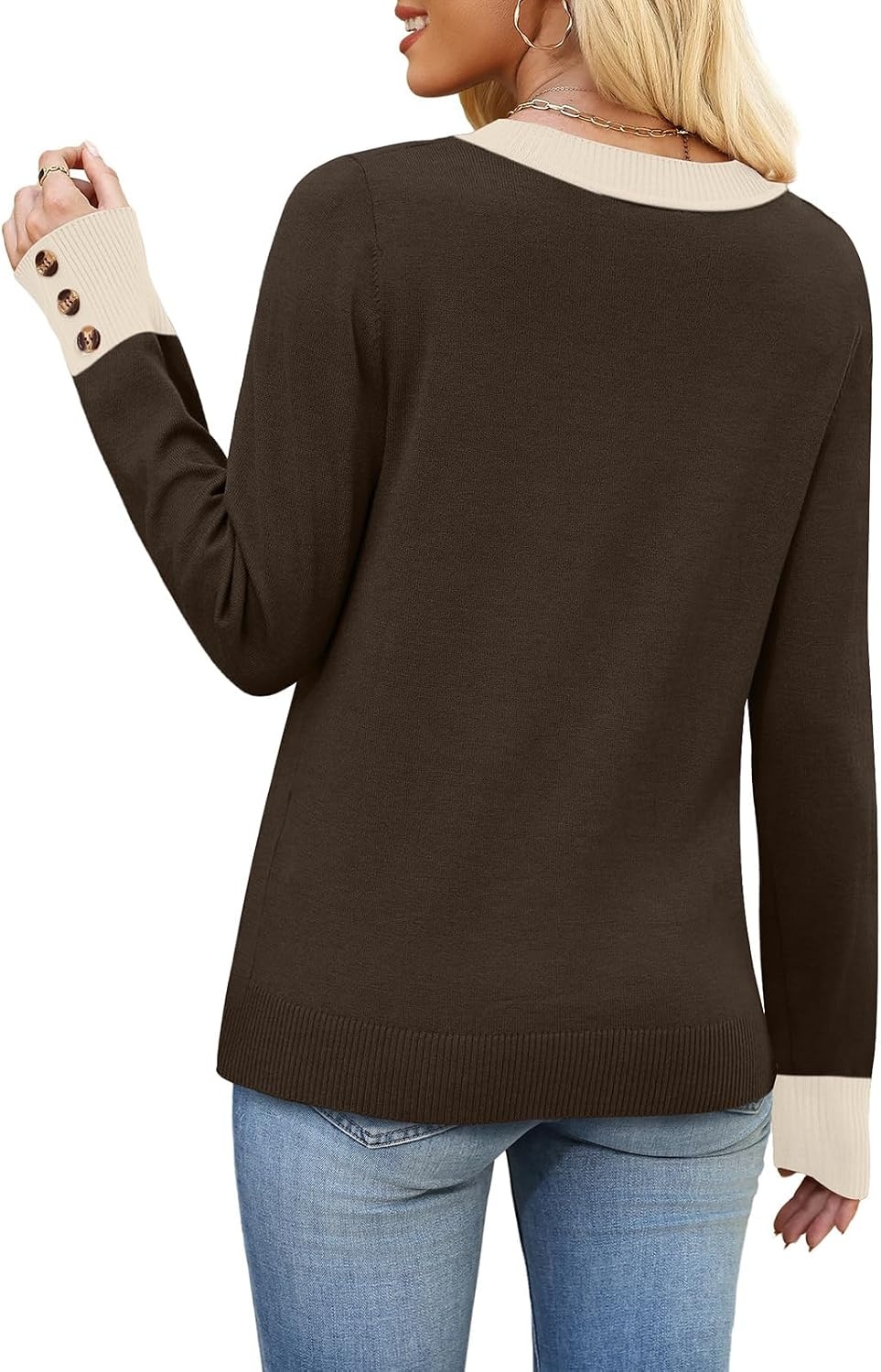 image:imageWIHOLL Lightweight Sweaters for Women Long Sleeve V Neck Knit Outfits with Decorative ButtonsColor Block Brown 01