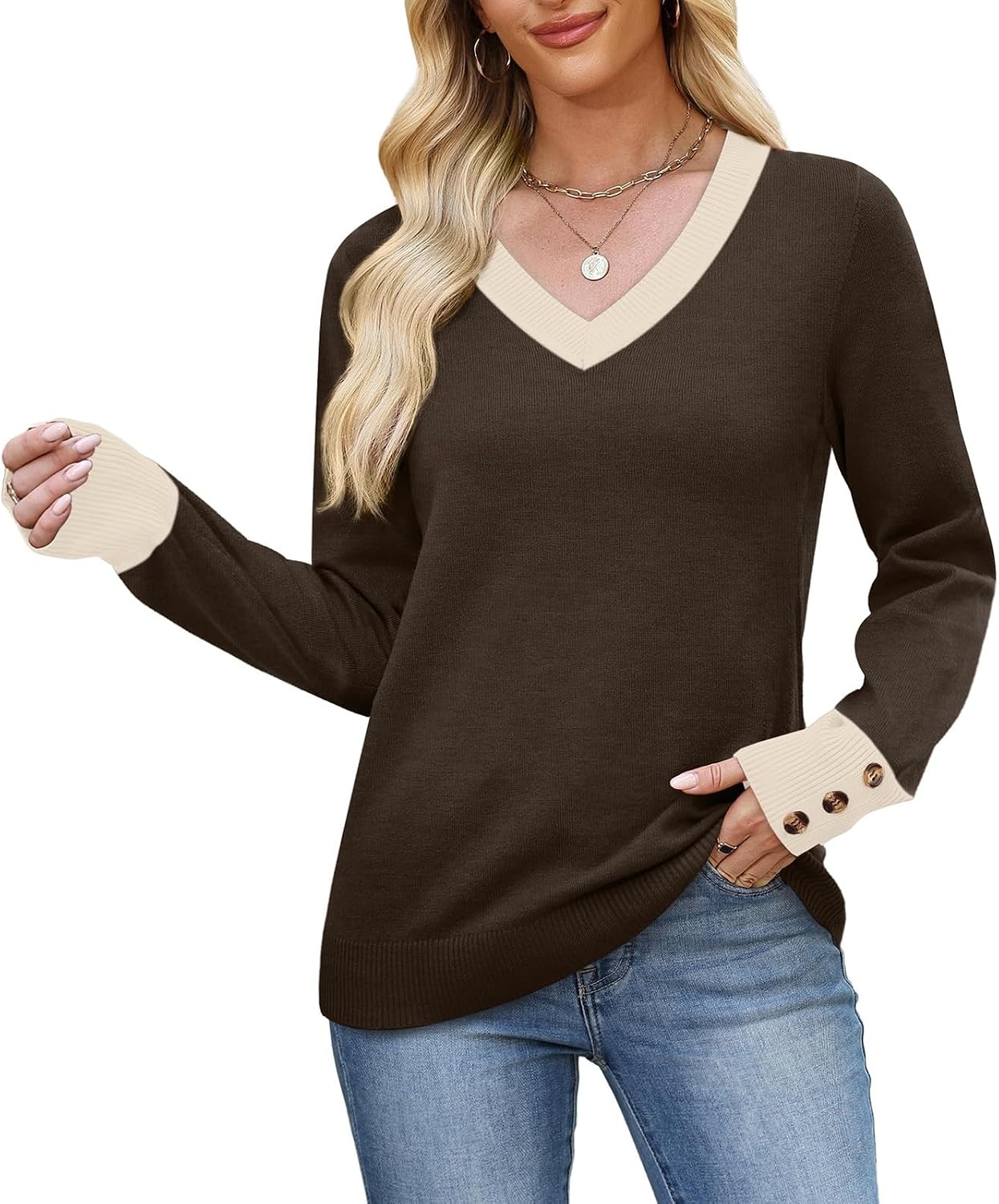 image:imageWIHOLL Lightweight Sweaters for Women Long Sleeve V Neck Knit Outfits with Decorative ButtonsColor Block Brown 01