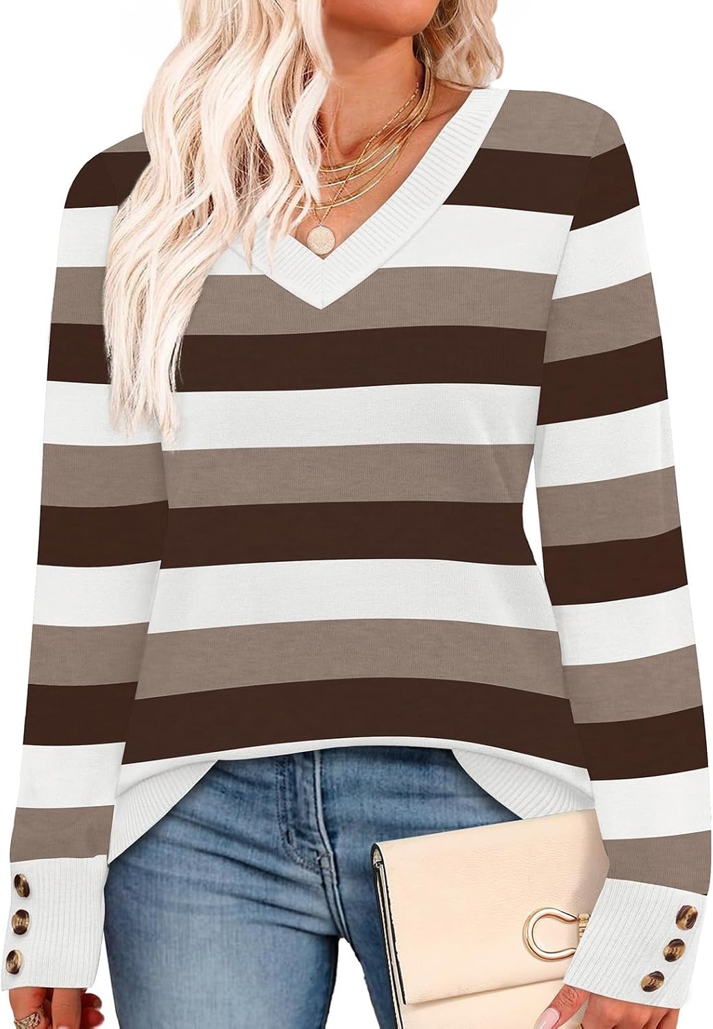 image:imageWIHOLL Lightweight Sweaters for Women Long Sleeve V Neck Knit Outfits with Decorative ButtonsColor Block Brown 02