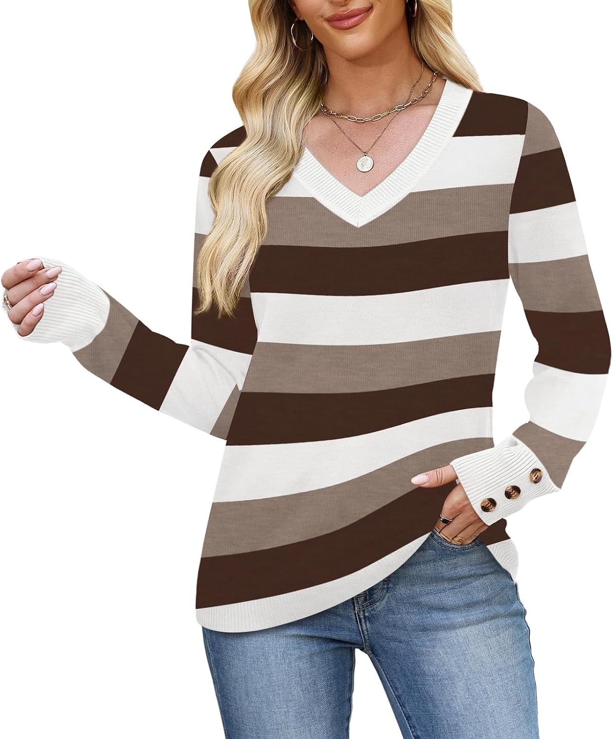 image:imageWIHOLL Lightweight Sweaters for Women Long Sleeve V Neck Knit Outfits with Decorative ButtonsColor Block Brown 02