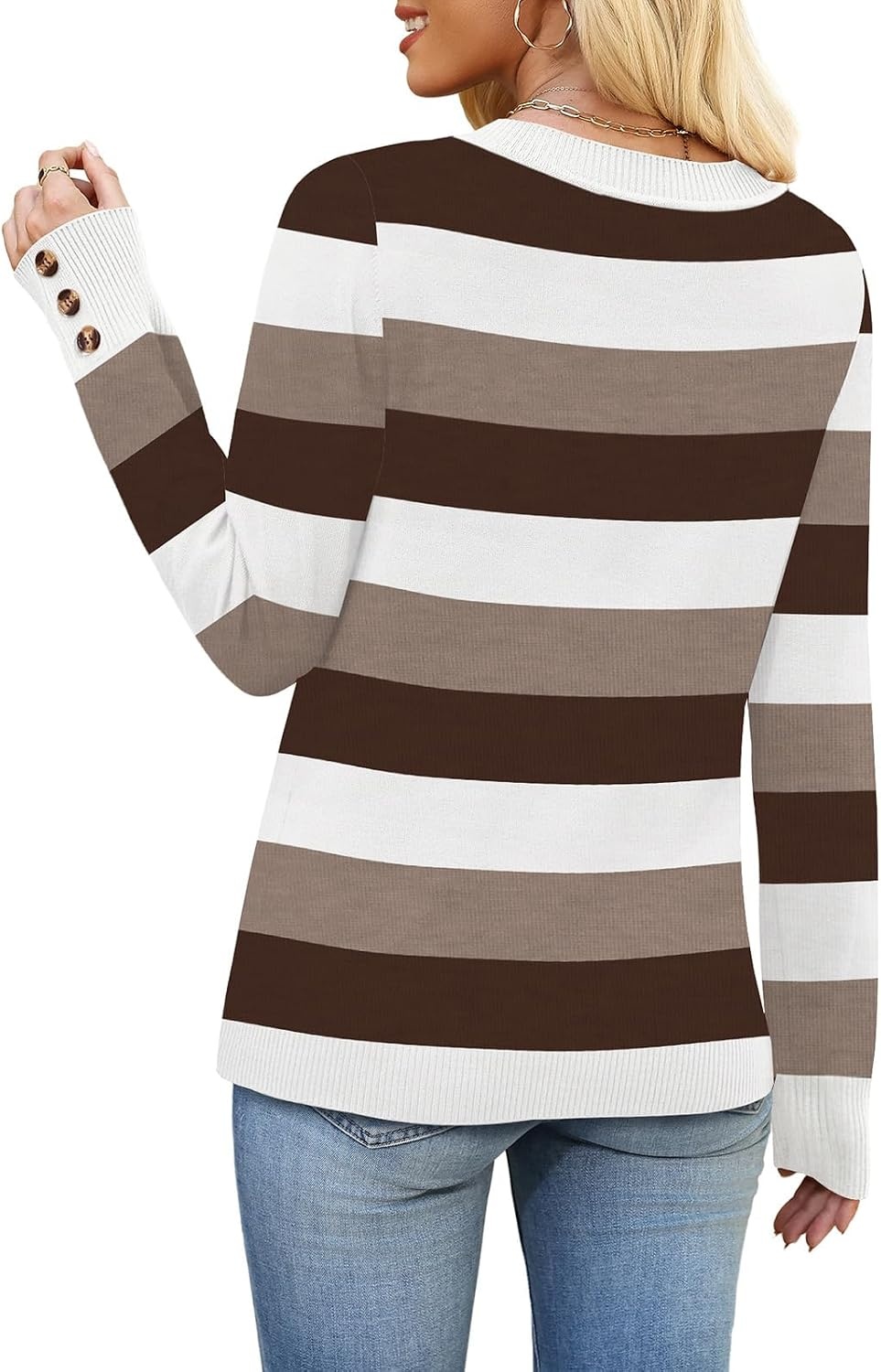 image:imageWIHOLL Lightweight Sweaters for Women Long Sleeve V Neck Knit Outfits with Decorative ButtonsColor Block Brown 02