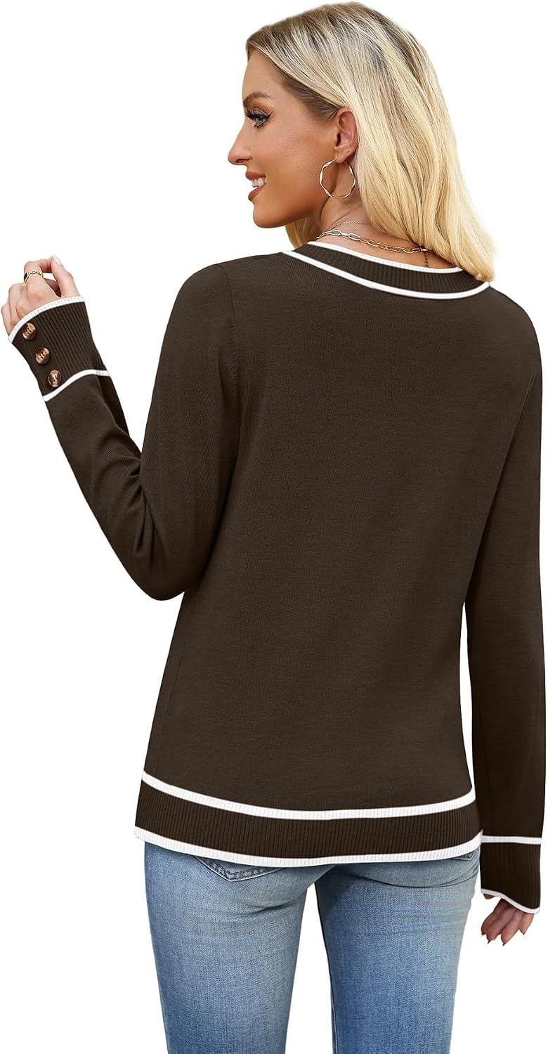 image:imageWIHOLL Lightweight Sweaters for Women Long Sleeve V Neck Knit Outfits with Decorative ButtonsColor Block Brown 03