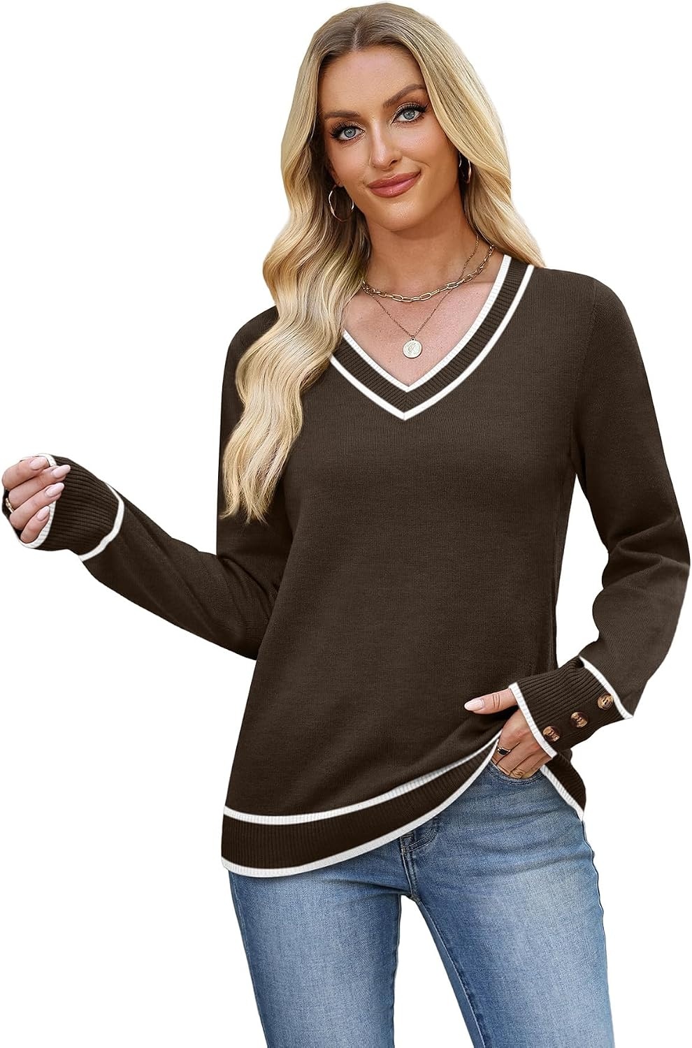 image:imageWIHOLL Lightweight Sweaters for Women Long Sleeve V Neck Knit Outfits with Decorative ButtonsColor Block Brown 03