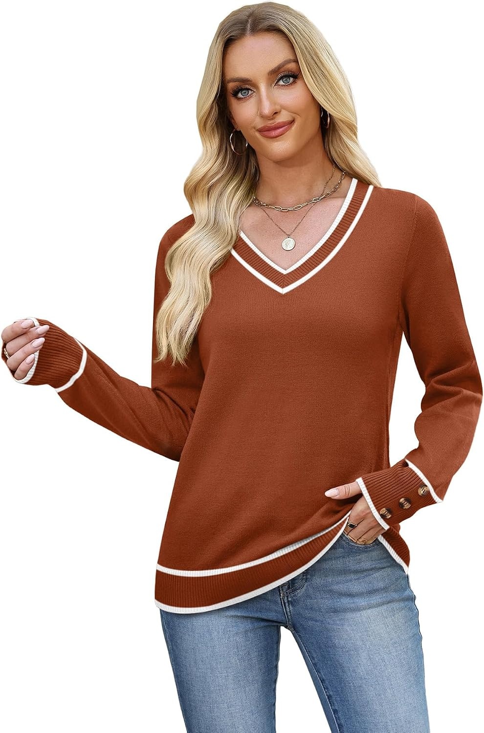 image:imageWIHOLL Lightweight Sweaters for Women Long Sleeve V Neck Knit Outfits with Decorative ButtonsColor Block Caramel