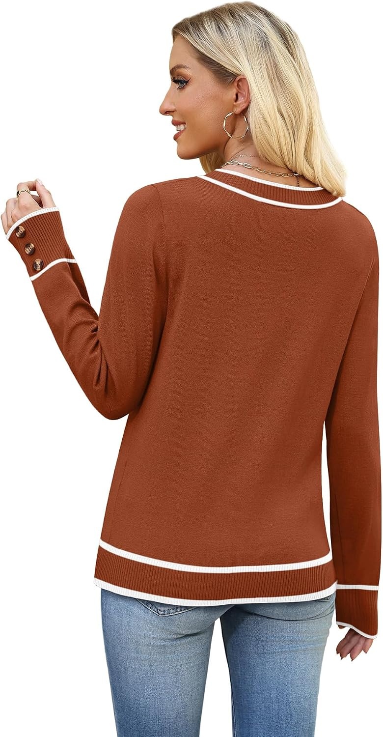 image:imageWIHOLL Lightweight Sweaters for Women Long Sleeve V Neck Knit Outfits with Decorative ButtonsColor Block Caramel