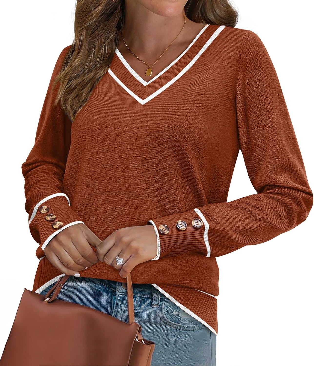 image:imageWIHOLL Lightweight Sweaters for Women Long Sleeve V Neck Knit Outfits with Decorative ButtonsColor Block Caramel