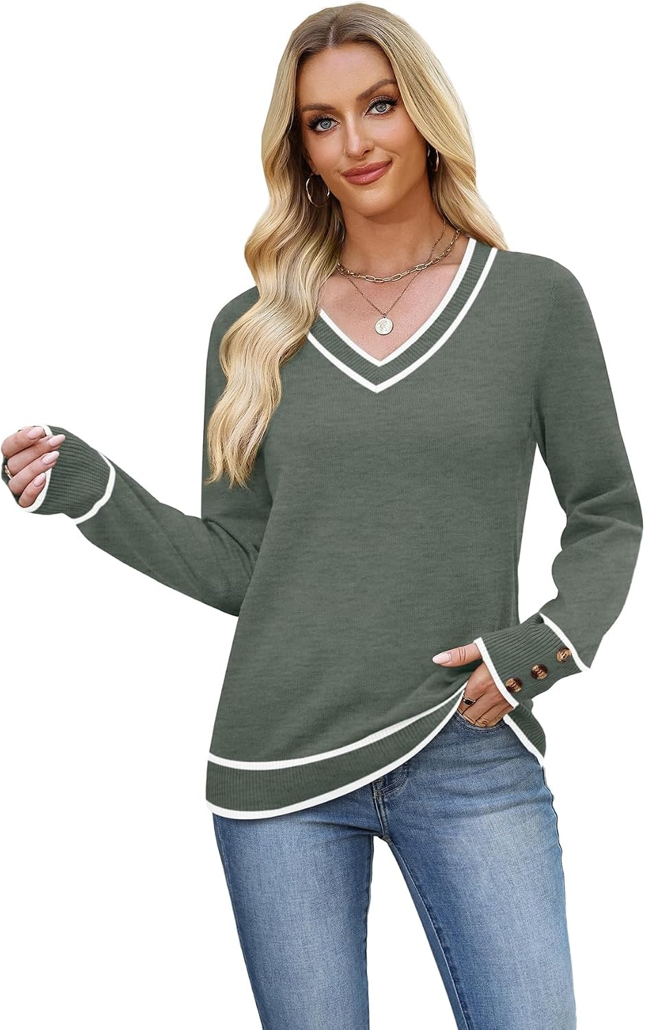 image:imageWIHOLL Lightweight Sweaters for Women Long Sleeve V Neck Knit Outfits with Decorative ButtonsColor Block Green