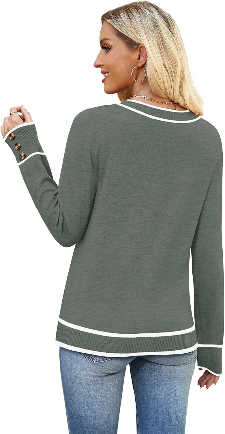 image:imageWIHOLL Lightweight Sweaters for Women Long Sleeve V Neck Knit Outfits with Decorative ButtonsColor Block Green