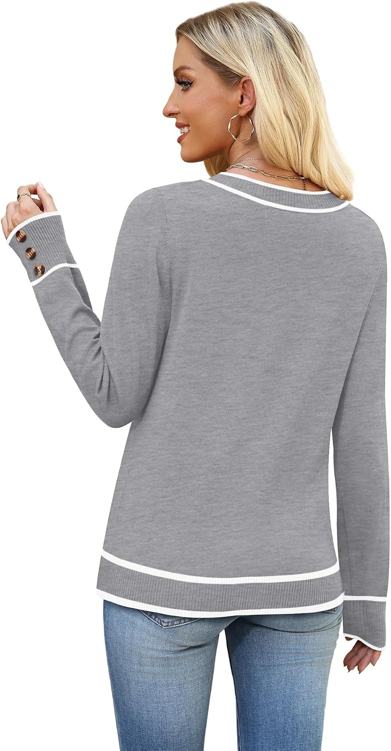 image:imageWIHOLL Lightweight Sweaters for Women Long Sleeve V Neck Knit Outfits with Decorative ButtonsColor Block Grey