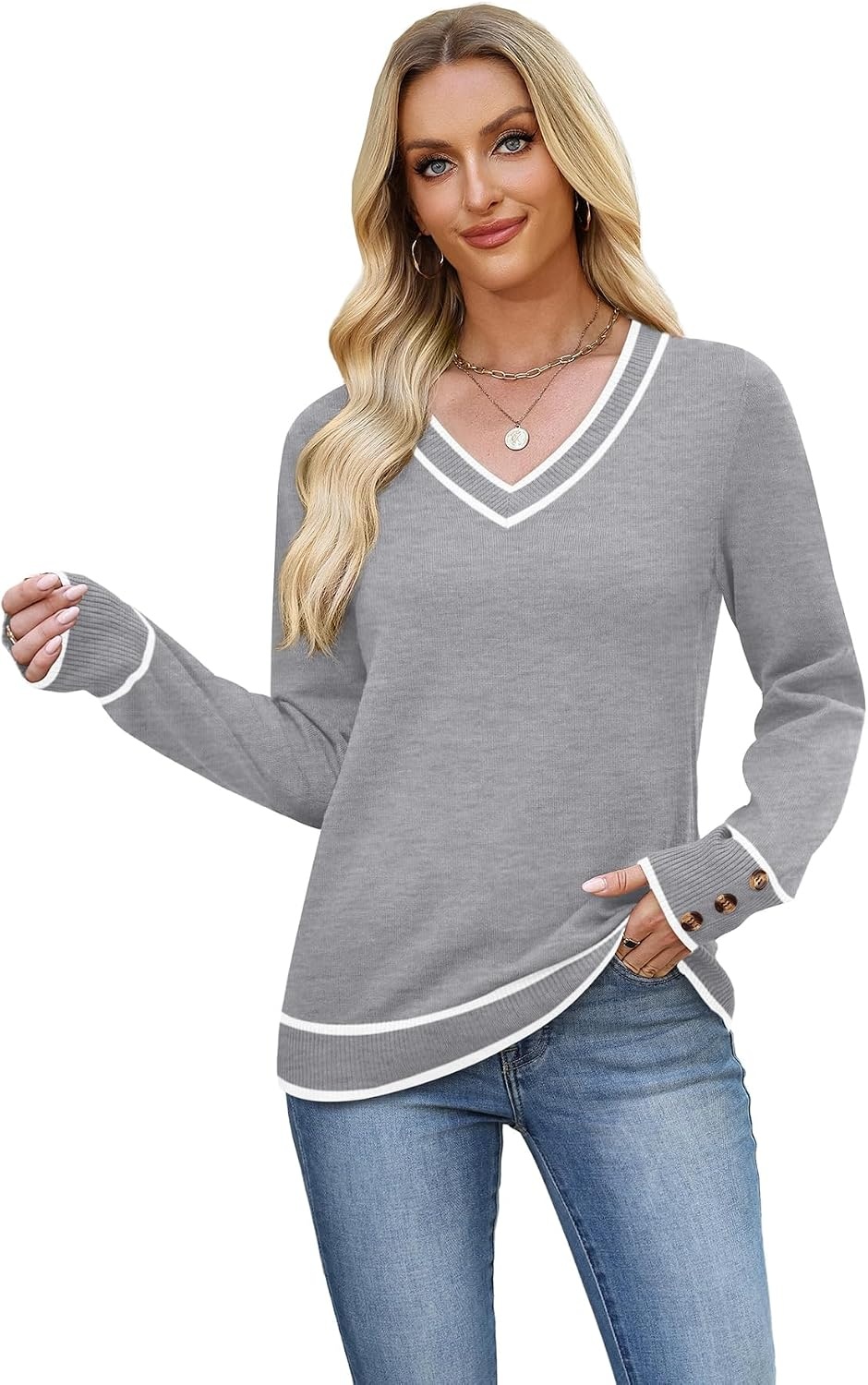image:imageWIHOLL Lightweight Sweaters for Women Long Sleeve V Neck Knit Outfits with Decorative ButtonsColor Block Grey