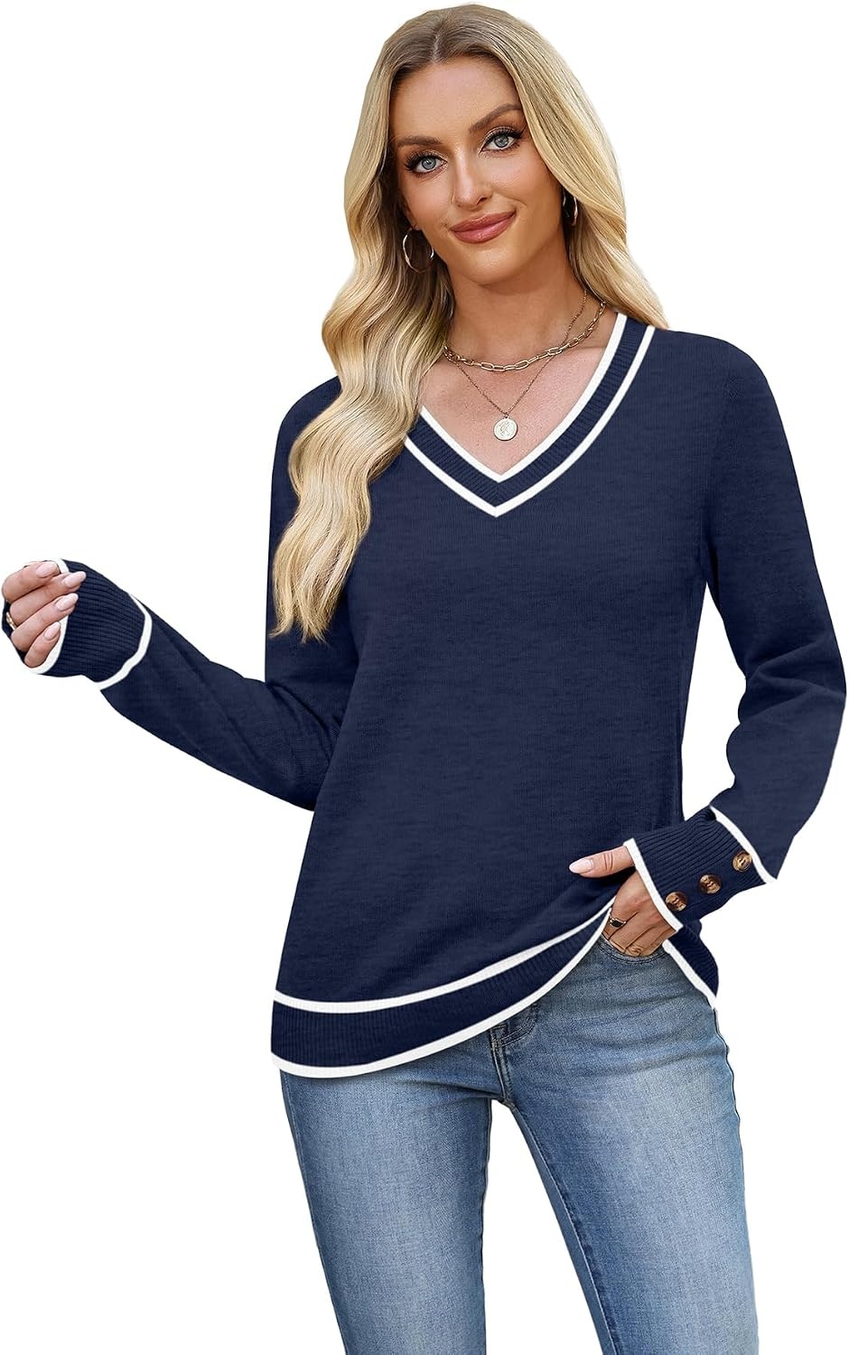 image:imageWIHOLL Lightweight Sweaters for Women Long Sleeve V Neck Knit Outfits with Decorative ButtonsColor Block Navy Blue