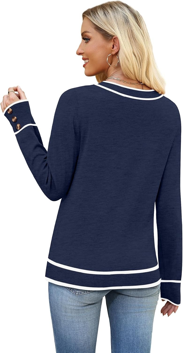 image:imageWIHOLL Lightweight Sweaters for Women Long Sleeve V Neck Knit Outfits with Decorative ButtonsColor Block Navy Blue
