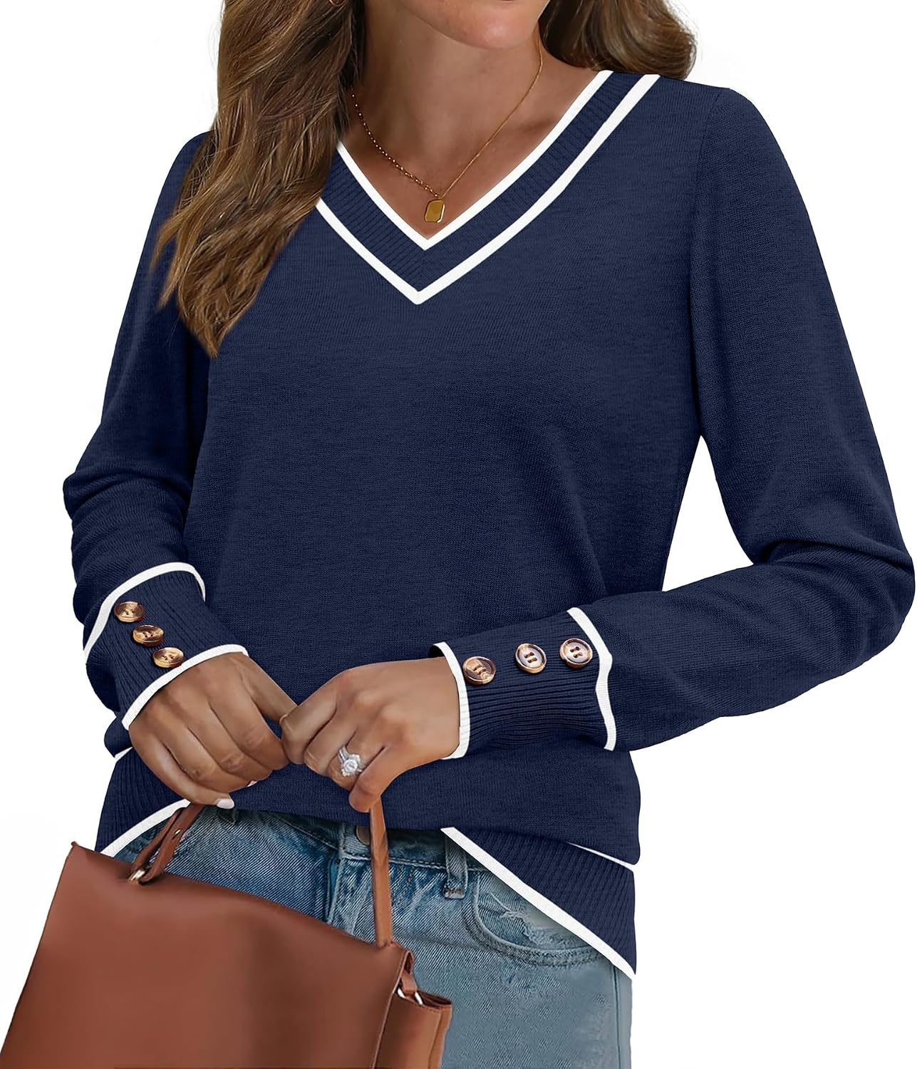 image:imageWIHOLL Lightweight Sweaters for Women Long Sleeve V Neck Knit Outfits with Decorative ButtonsColor Block Navy Blue