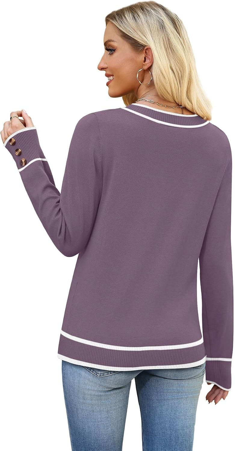 image:imageWIHOLL Lightweight Sweaters for Women Long Sleeve V Neck Knit Outfits with Decorative ButtonsColor Block Purple