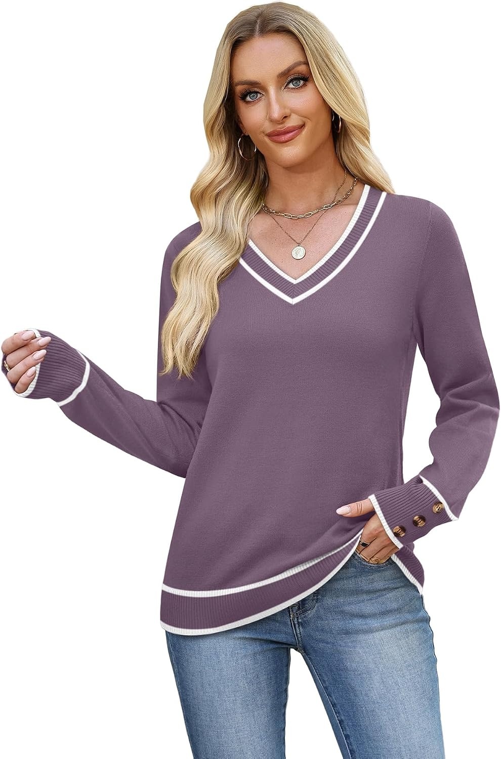 image:imageWIHOLL Lightweight Sweaters for Women Long Sleeve V Neck Knit Outfits with Decorative ButtonsColor Block Purple