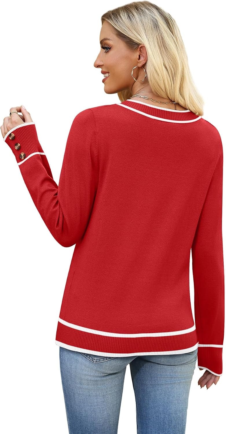 image:imageWIHOLL Lightweight Sweaters for Women Long Sleeve V Neck Knit Outfits with Decorative ButtonsColor Block Red
