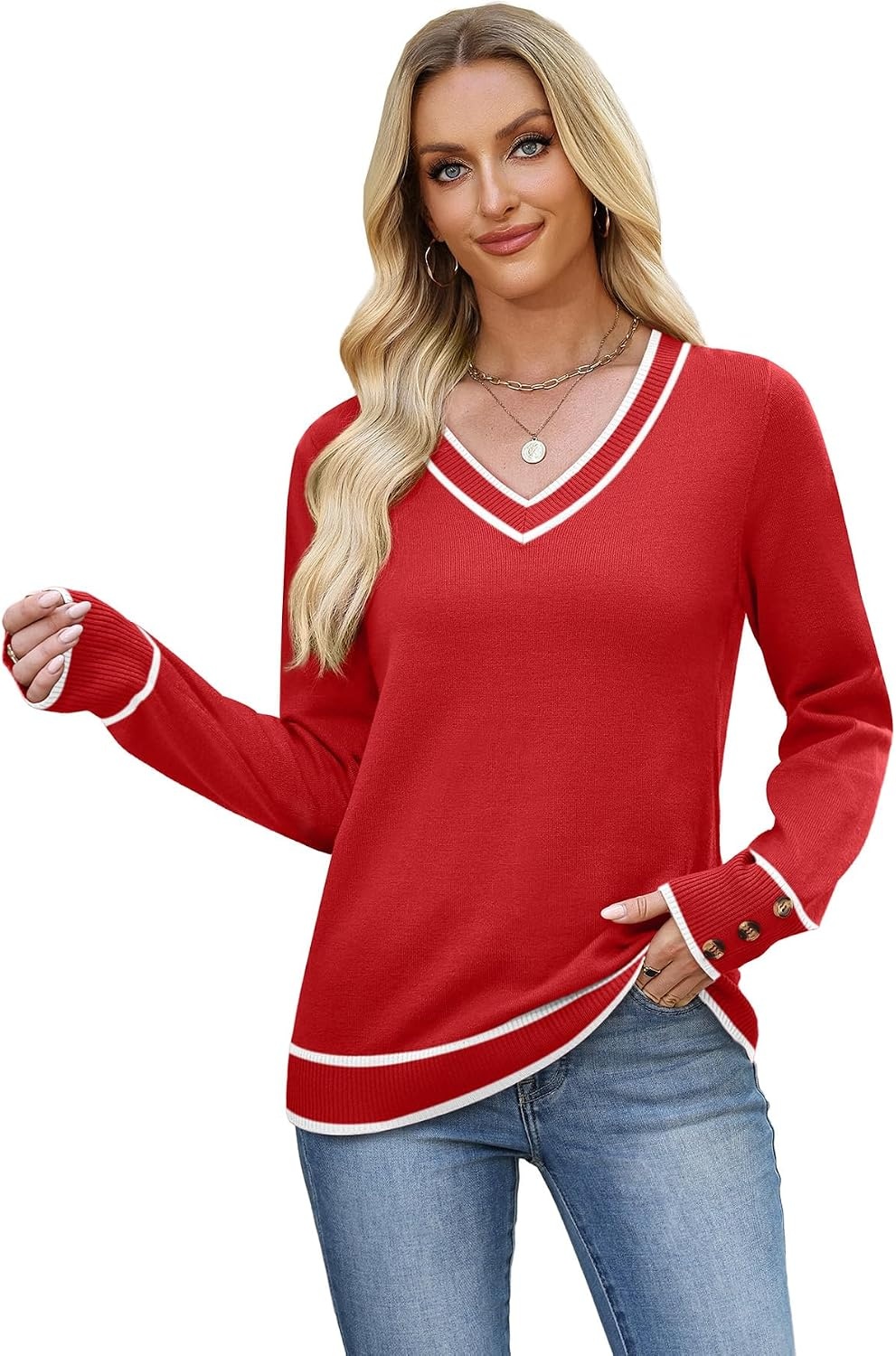 image:imageWIHOLL Lightweight Sweaters for Women Long Sleeve V Neck Knit Outfits with Decorative ButtonsColor Block Red