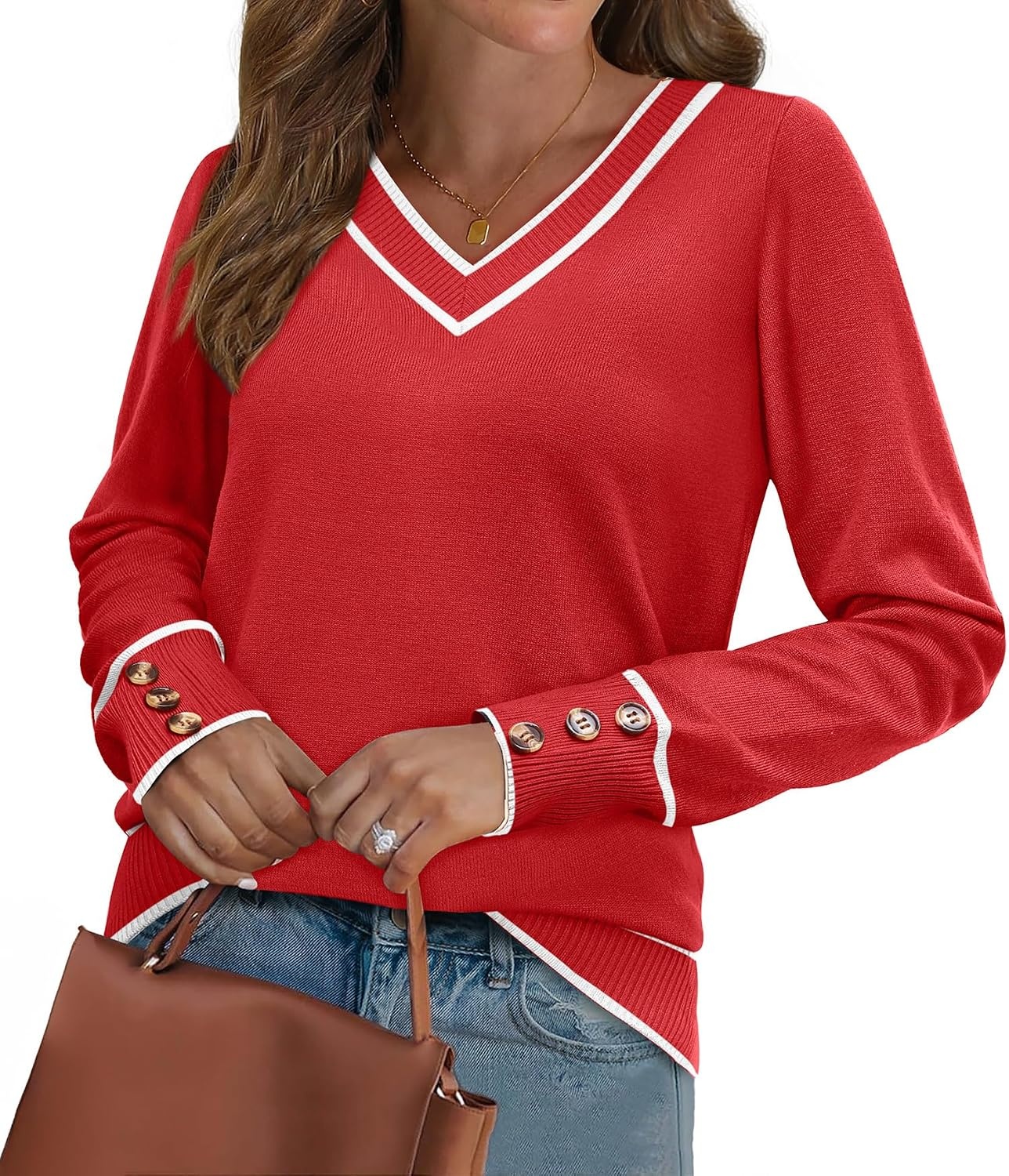 image:imageWIHOLL Lightweight Sweaters for Women Long Sleeve V Neck Knit Outfits with Decorative ButtonsColor Block Red