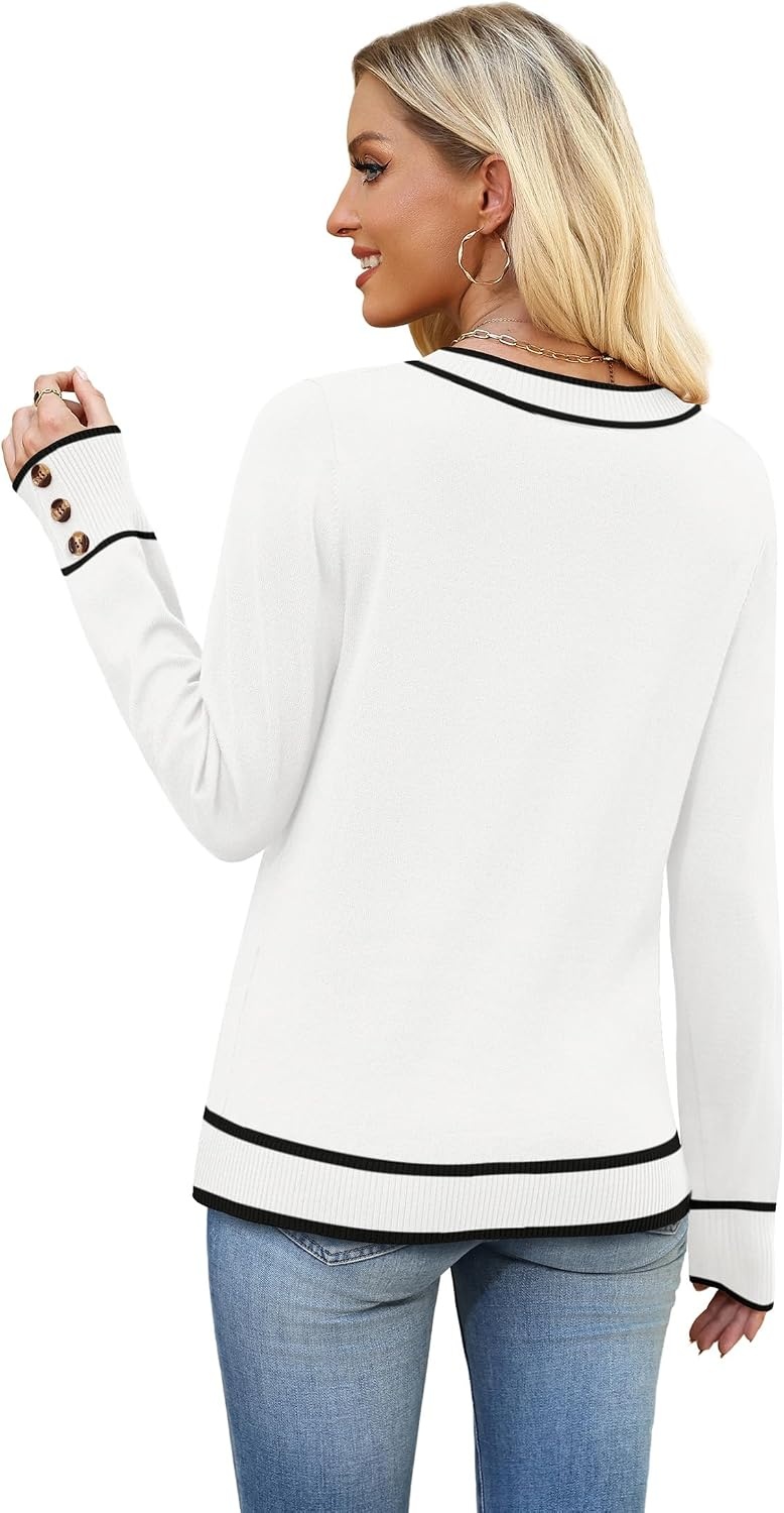image:imageWIHOLL Lightweight Sweaters for Women Long Sleeve V Neck Knit Outfits with Decorative ButtonsColor Block White
