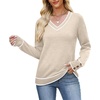image:imageWIHOLL Lightweight Sweaters for Women Long Sleeve V Neck Knit Outfits with Decorative ButtonsColor Block Beige