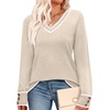 image:imageWIHOLL Lightweight Sweaters for Women Long Sleeve V Neck Knit Outfits with Decorative ButtonsColor Block Beige