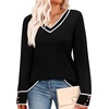 image:imageWIHOLL Lightweight Sweaters for Women Long Sleeve V Neck Knit Outfits with Decorative ButtonsColor Block Black