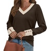 image:imageWIHOLL Lightweight Sweaters for Women Long Sleeve V Neck Knit Outfits with Decorative ButtonsColor Block Brown 01