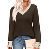 image:imageWIHOLL Lightweight Sweaters for Women Long Sleeve V Neck Knit Outfits with Decorative ButtonsColor Block Brown 01