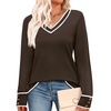 image:imageWIHOLL Lightweight Sweaters for Women Long Sleeve V Neck Knit Outfits with Decorative ButtonsColor Block Brown 03