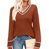 image:imageWIHOLL Lightweight Sweaters for Women Long Sleeve V Neck Knit Outfits with Decorative ButtonsColor Block Caramel