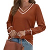 image:imageWIHOLL Lightweight Sweaters for Women Long Sleeve V Neck Knit Outfits with Decorative ButtonsColor Block Caramel