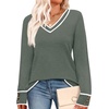image:imageWIHOLL Lightweight Sweaters for Women Long Sleeve V Neck Knit Outfits with Decorative ButtonsColor Block Green