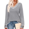 image:imageWIHOLL Lightweight Sweaters for Women Long Sleeve V Neck Knit Outfits with Decorative ButtonsColor Block Grey