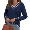 image:imageWIHOLL Lightweight Sweaters for Women Long Sleeve V Neck Knit Outfits with Decorative ButtonsColor Block Navy Blue
