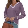 image:imageWIHOLL Lightweight Sweaters for Women Long Sleeve V Neck Knit Outfits with Decorative ButtonsColor Block Purple