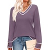 image:imageWIHOLL Lightweight Sweaters for Women Long Sleeve V Neck Knit Outfits with Decorative ButtonsColor Block Purple