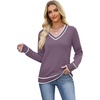 image:imageWIHOLL Lightweight Sweaters for Women Long Sleeve V Neck Knit Outfits with Decorative ButtonsColor Block Purple